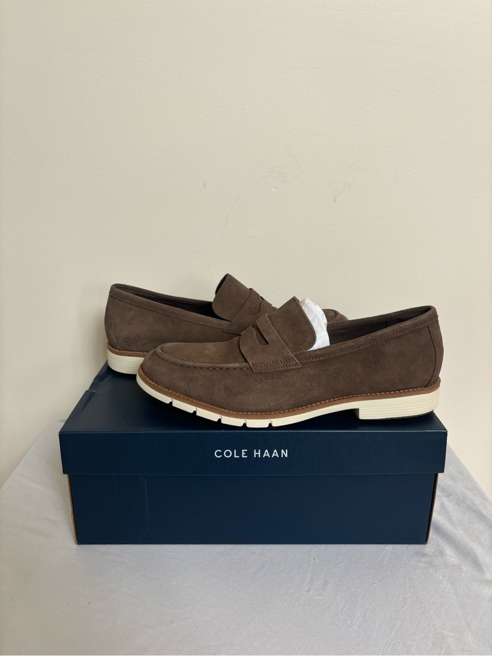 Cole Haan Flexgrand+ Penny Loafers Men 9.5 M Truffle Suede Ivory SlipOn Shoe NWB